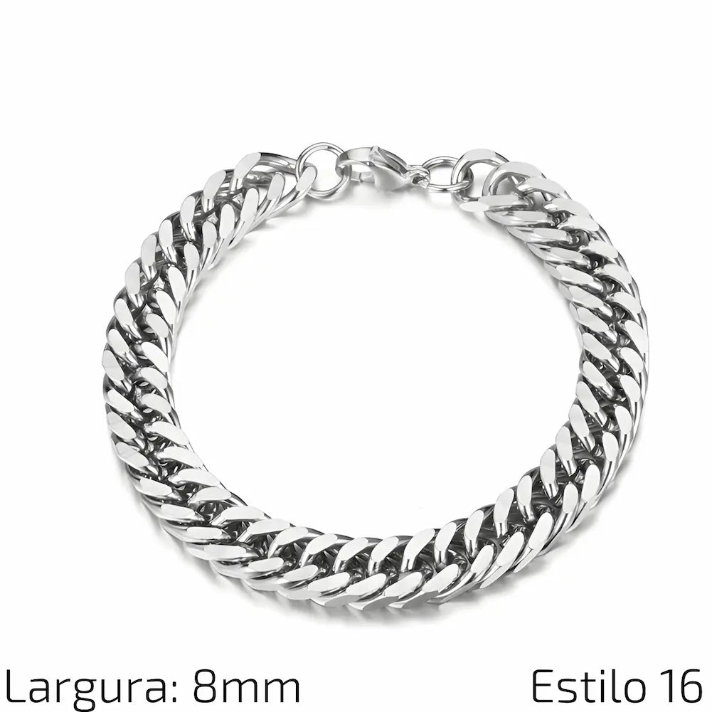 Estilo 16 Descrição: Pulseira de corrente de aço inoxidável com elos largos e polidos, proporcionando um visual forte e elegante. Medidas: Largura: 8 mm.