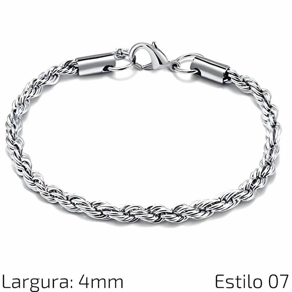 Estilo 07 Descrição: Pulseira de corrente de aço inoxidável com elos finos trançados, ideal para um estilo clássico e discreto. Medidas: Largura: 4 mm.
