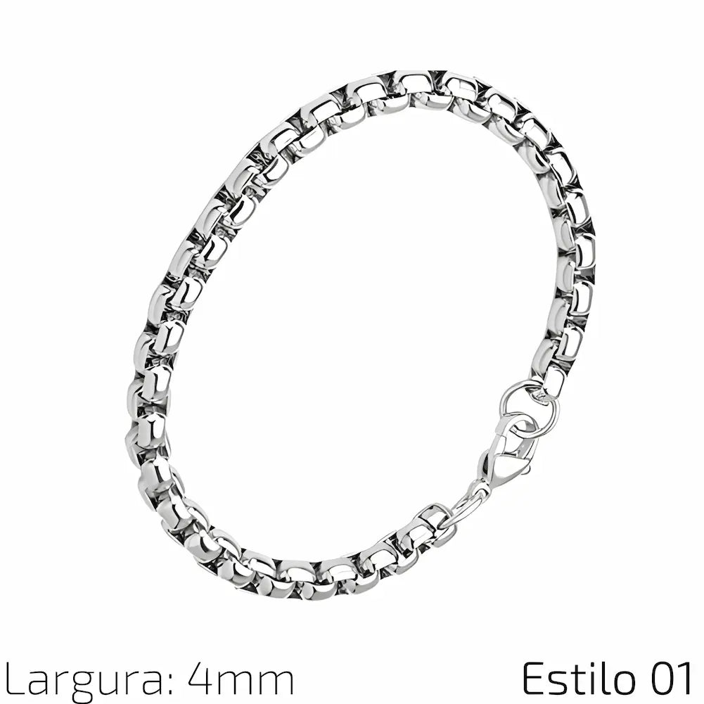 Estilo 01 Descrição: Pulseira de corrente de aço inoxidável com elos pequenos e quadrados, oferecendo um visual moderno e distinto. Medidas: Largura: 4 mm.