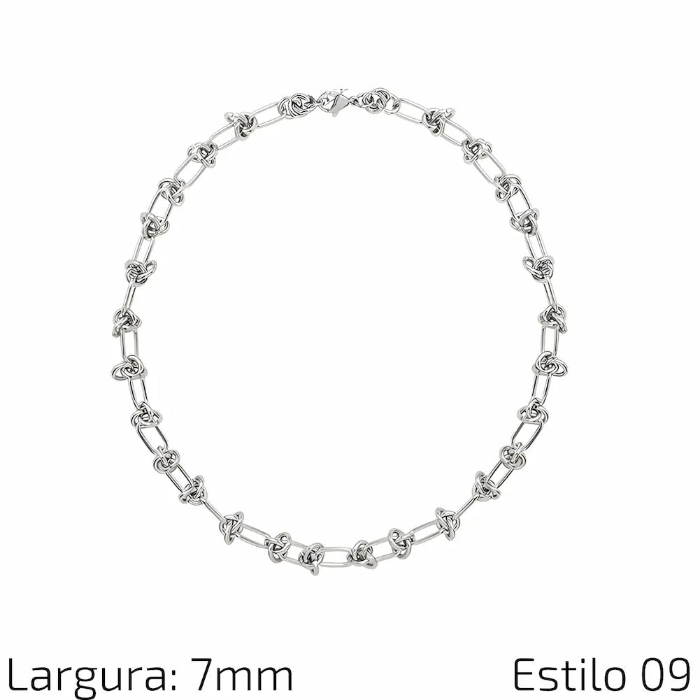Estilo 09 Descrição: Pulseira de corrente de aço inoxidável com elos finos e nós decorativos, ideal para um estilo único e elegante. Medidas: Largura: 7 mm.