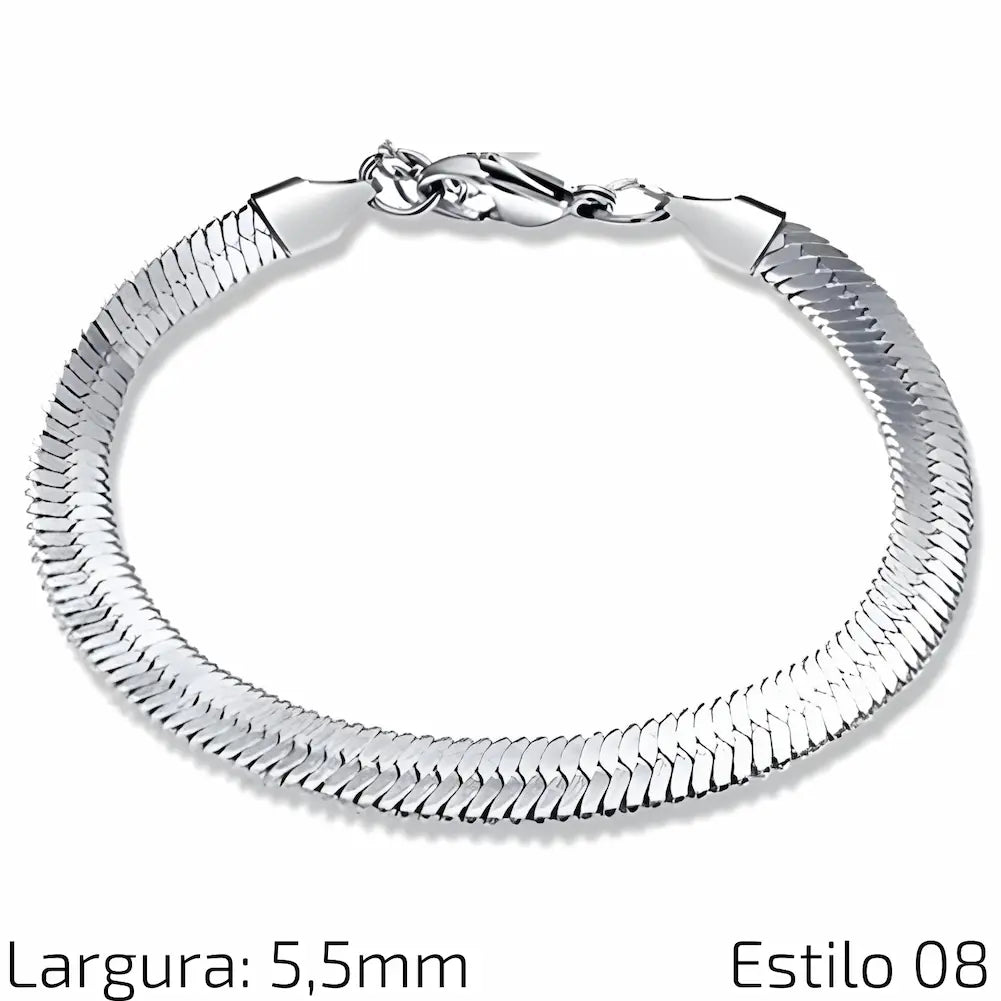 Estilo 08 Descrição: Pulseira de corrente de aço inoxidável com elos finos e achatados, proporcionando um visual elegante e sofisticado. Medidas: Largura: 5,5 mm.