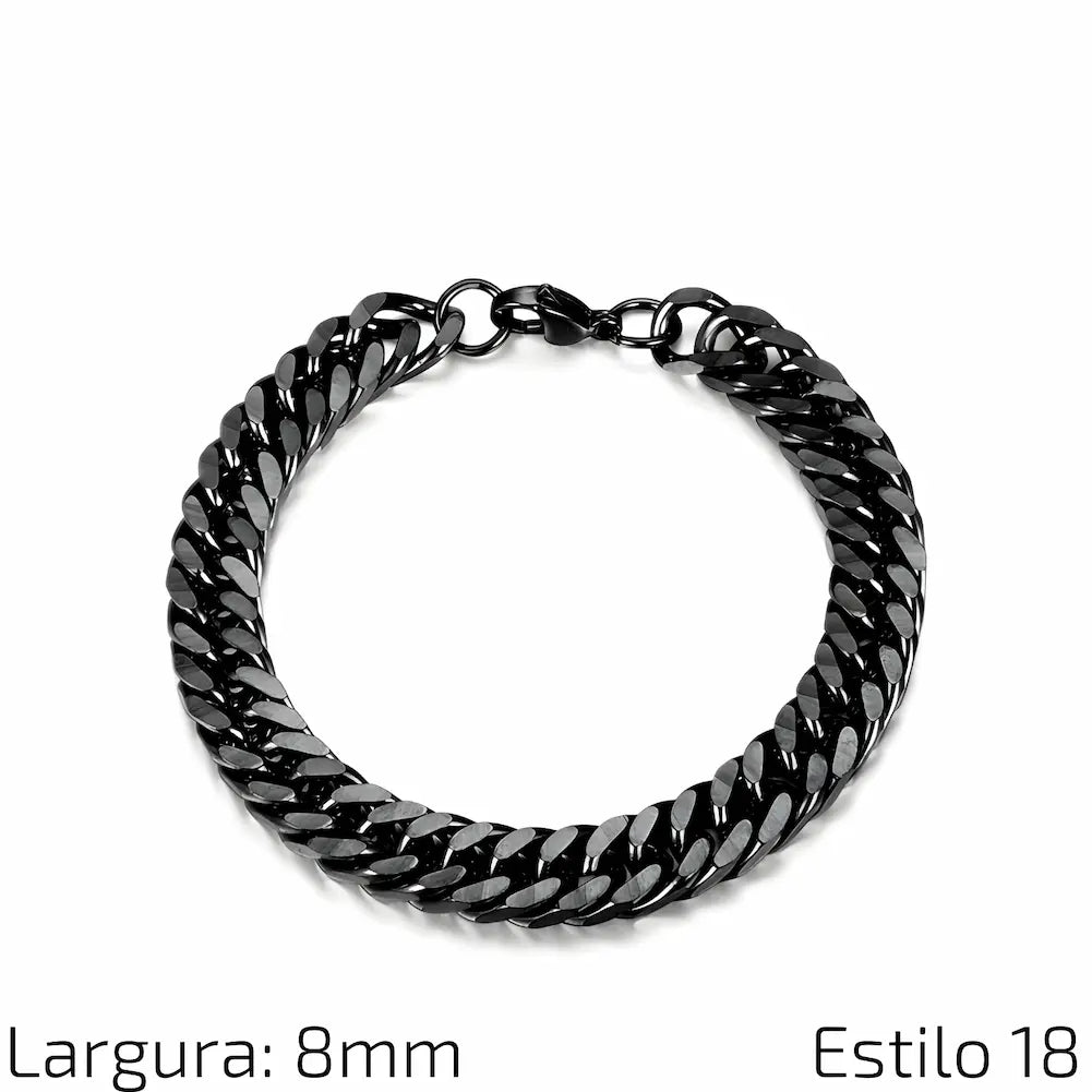 Estilo 18 Descrição: Pulseira de corrente de aço inoxidável preto com elos largos e polidos, proporcionando um estilo moderno e arrojado. Medidas: Largura: 8 mm.