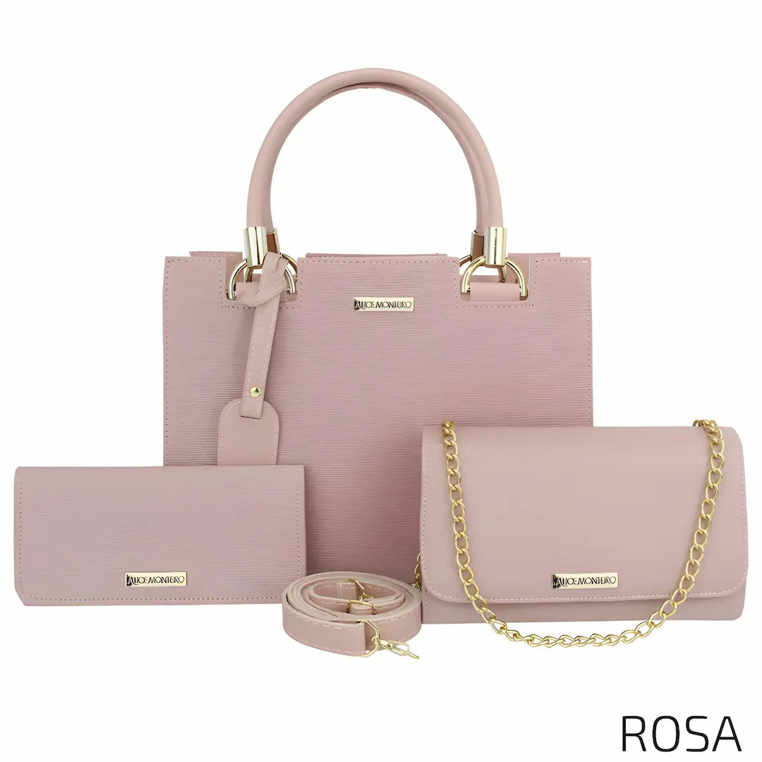 A imagem mostra um conjunto de bolsas na cor rosa, composto por uma bolsa maior com alças estruturadas, uma bolsa clutch com corrente dourada e uma carteira. O design é delicado e sofisticado, com acabamento texturizado e detalhes metálicos. O texto "ROSA" aparece no canto inferior direito.