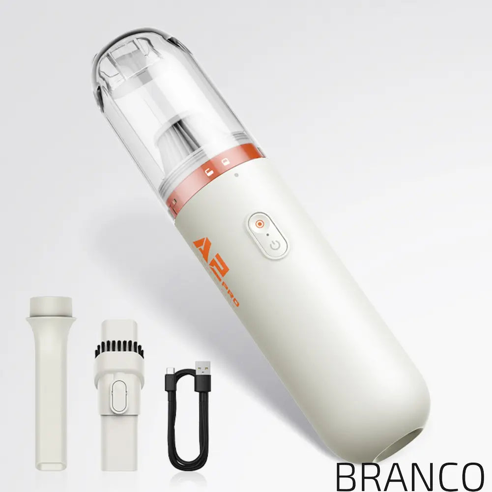 A imagem mostra um aspirador de pó portátil AZPRO na cor branca, junto com seus acessórios. Inclui um bico fino, um bocal de sucção, e um cabo USB para carregamento. O aspirador é cilíndrico com detalhes laranja e uma tampa transparente. O fundo é branco e o texto "BRANCO" está no canto inferior direito.