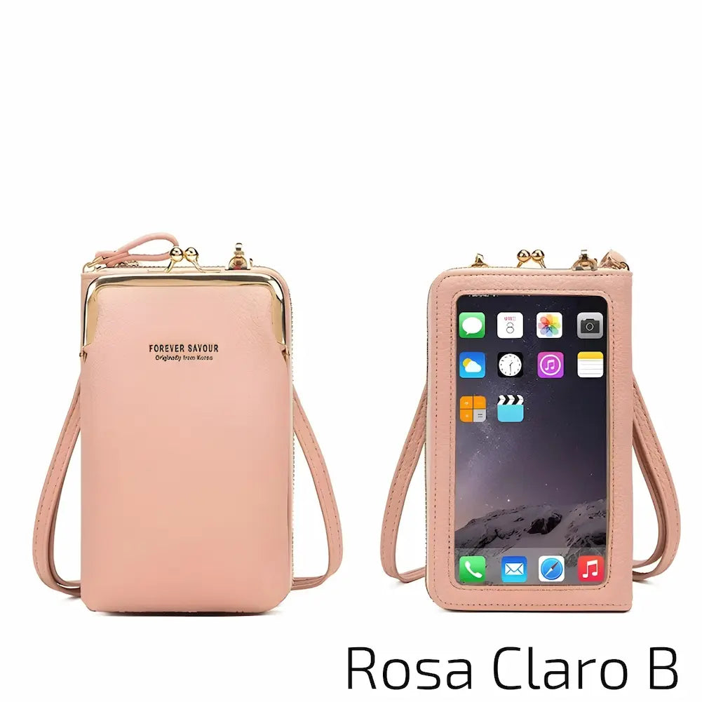 Bolsa de couro rosa claro com alça ajustável e janela frontal transparente para celular. O fecho metálico no topo oferece segurança extra. No canto inferior direito, o código "Rosa Claro B", uma das opções de compra.