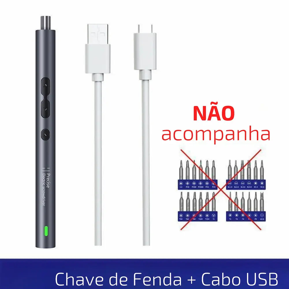 A imagem mostra uma chave de fenda elétrica preta ao lado de dois cabos USB brancos. À direita, há um conjunto de pontas de chave de fenda cruzadas com um "X" vermelho sobre elas. O texto "NÃO acompanha" está em vermelho ao lado. Na parte inferior, lê-se "Chave de Fenda + Cabo USB" em um fundo azul.
