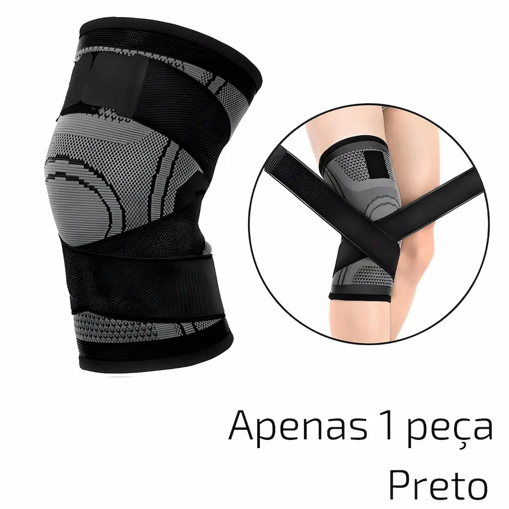  A imagem mostra uma joelheira preta com detalhes cinza. Ao lado, um círculo destaca uma pessoa ajustando a joelheira, cruzando as faixas sobre o joelho. Abaixo, o texto "Apenas 1 peça Preto" está escrito em preto.