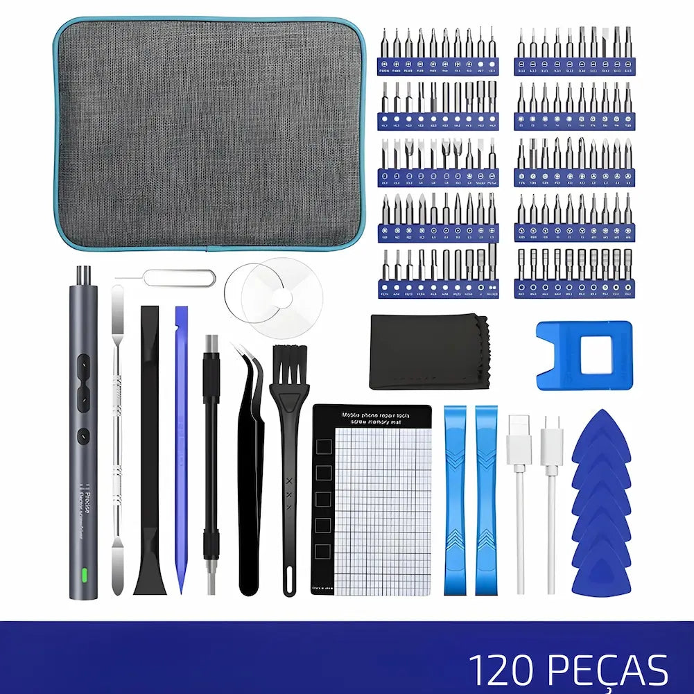 Esta opção de compra apresenta um kit de chave de fenda elétrica com 120 peças. O conjunto inclui uma vasta gama de bits, ferramentas auxiliares, tapete de silicone, pinças e cabos USB. A imagem mostra uma disposição organizada das ferramentas, incluindo uma bolsa para armazenamento, tornando-o ideal para reparos complexos e detalhados.