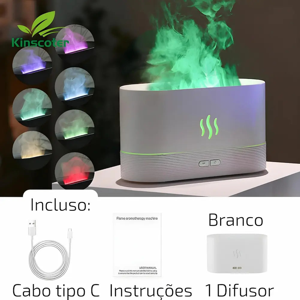  Imagem de um umidificador de ar branco da marca Kinscoter, emitindo vapor iluminado em várias cores (roxo, azul, verde, vermelho). Ao lado do umidificador, há imagens das diferentes cores do vapor. Abaixo, a imagem contém os itens inclusos: um cabo tipo C, um manual de instruções e o difusor. O texto "Incluso: Cabo tipo C, Instruções, 1 Difusor" está presente, destacando o conteúdo da embalagem.