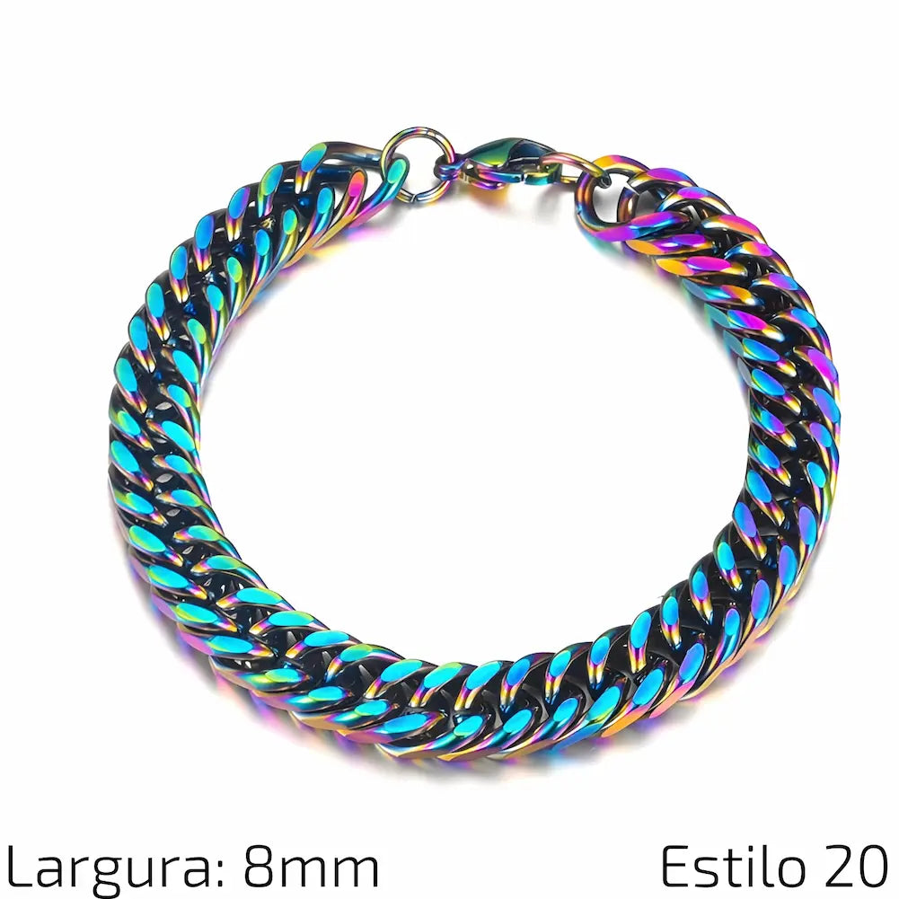 Estilo 20 Descrição: Pulseira de corrente de aço inoxidável com acabamento iridescente, apresentando uma mistura de cores vibrantes para um visual ousado e distinto. Medidas: Largura: 8 mm.