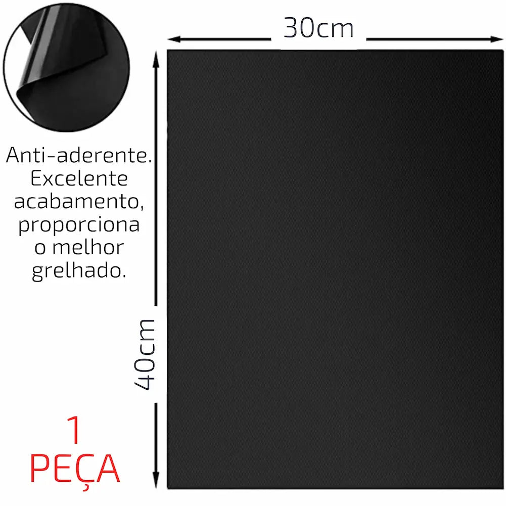  A imagem mostra um tapete antiaderente preto de 30 cm por 40 cm. No canto superior esquerdo, há um close-up do material destacando sua textura. O texto diz: "Antiaderente. Excelente acabamento, proporciona o melhor grelhado. 1 