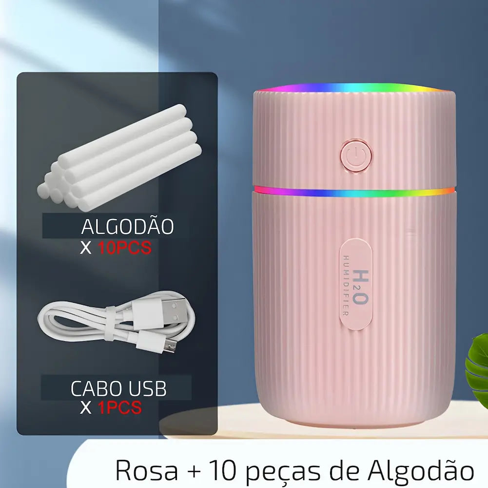 Imagem mostrando um umidificador de ar portátil rosa com textura ondulada, emitindo luzes coloridas no topo. Ao lado, há uma representação dos acessórios incluídos: dez peças de algodão cilíndricas e um cabo USB branco. Abaixo dos acessórios, há textos indicando "ALGODÃO X 10PCS" e "CABO USB X 1PCS". Na parte inferior da imagem, lê-se "Rosa + 10 peças de Algodão".