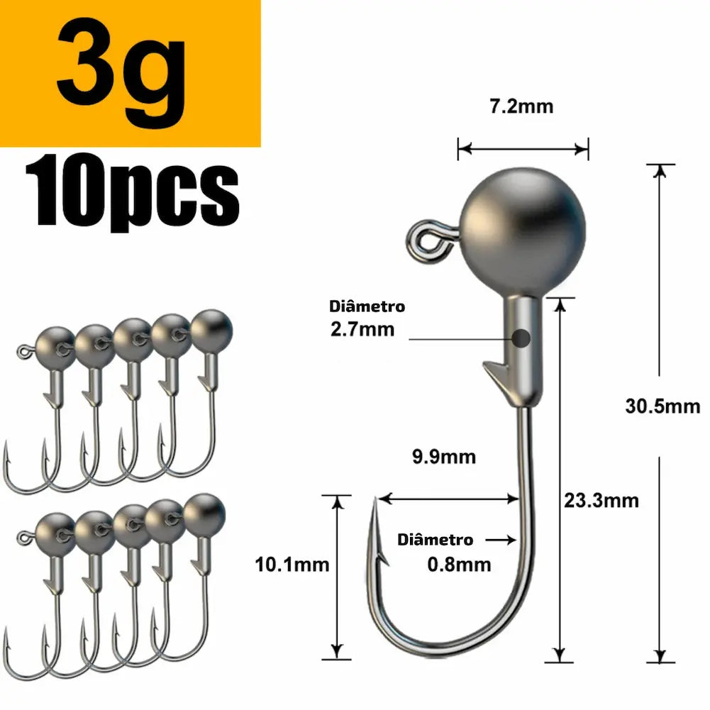 Aqui vemos anzóis de 3 gramas, com uma esfera de 2.7mm e gancho de 0.8mm. O comprimento é de 30.5mm. Esta é uma opção de compra versátil, perfeita para diversos tipos de pesca, garantindo segurança e eficácia.