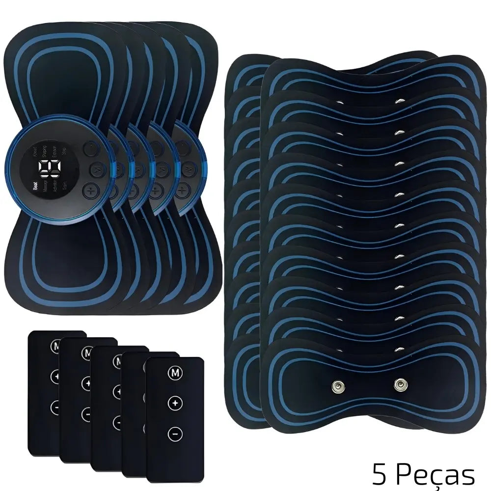  A imagem mostra um conjunto de cinco massageadores elétricos portáteis, cada um com seu próprio controle remoto. À direita, várias unidades adicionais do massageador estão empilhadas. O texto "5 Peças" está no canto inferior direito, indicando que o conjunto inclui cinco dispositivos e seus controles.