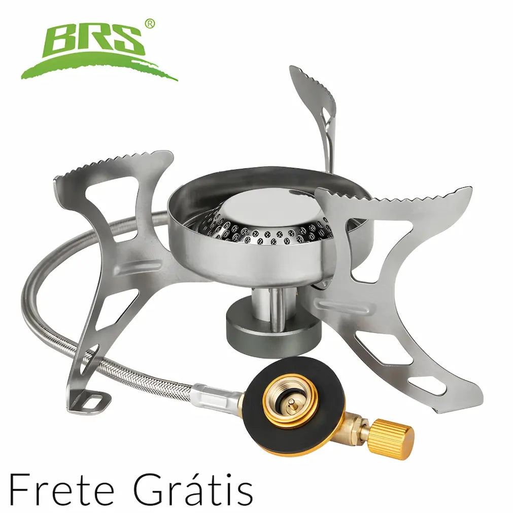 A imagem mostra um fogareiro portátil de metal com pernas recortadas e serrilhadas, uma mangueira metálica e uma válvula de latão com uma ponta laranja. Acima do fogareiro, há o logo "BRS". Na parte inferior, o texto "Frete Grátis" está visível.