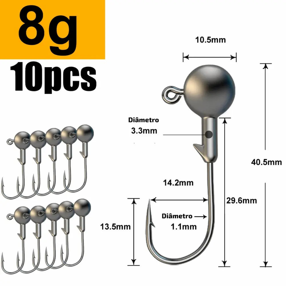 A imagem apresenta anzóis de 8 gramas, com uma esfera de 3.3mm e gancho de 1.1mm. O comprimento é de 40.5mm. Esta opção de compra é ideal para pescadores que buscam um equipamento confiável e eficiente.