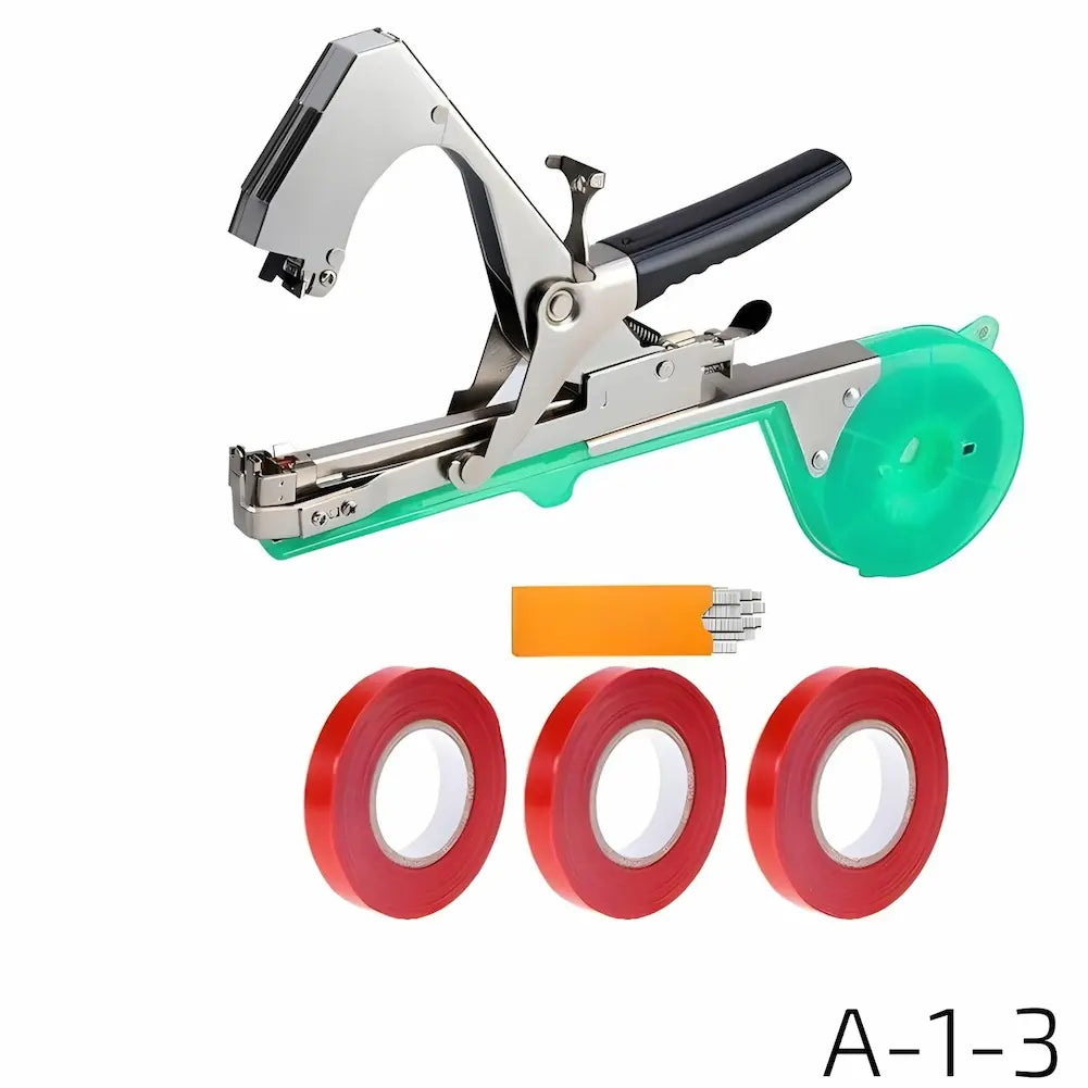  A imagem mostra uma ferramenta de amarrar plantas com um corpo de metal prateado e plástico verde, ao lado de três rolos de fita adesiva vermelha e um pequeno objeto laranja com pontas metálicas. O canto inferior direito exibe "A-1-3".