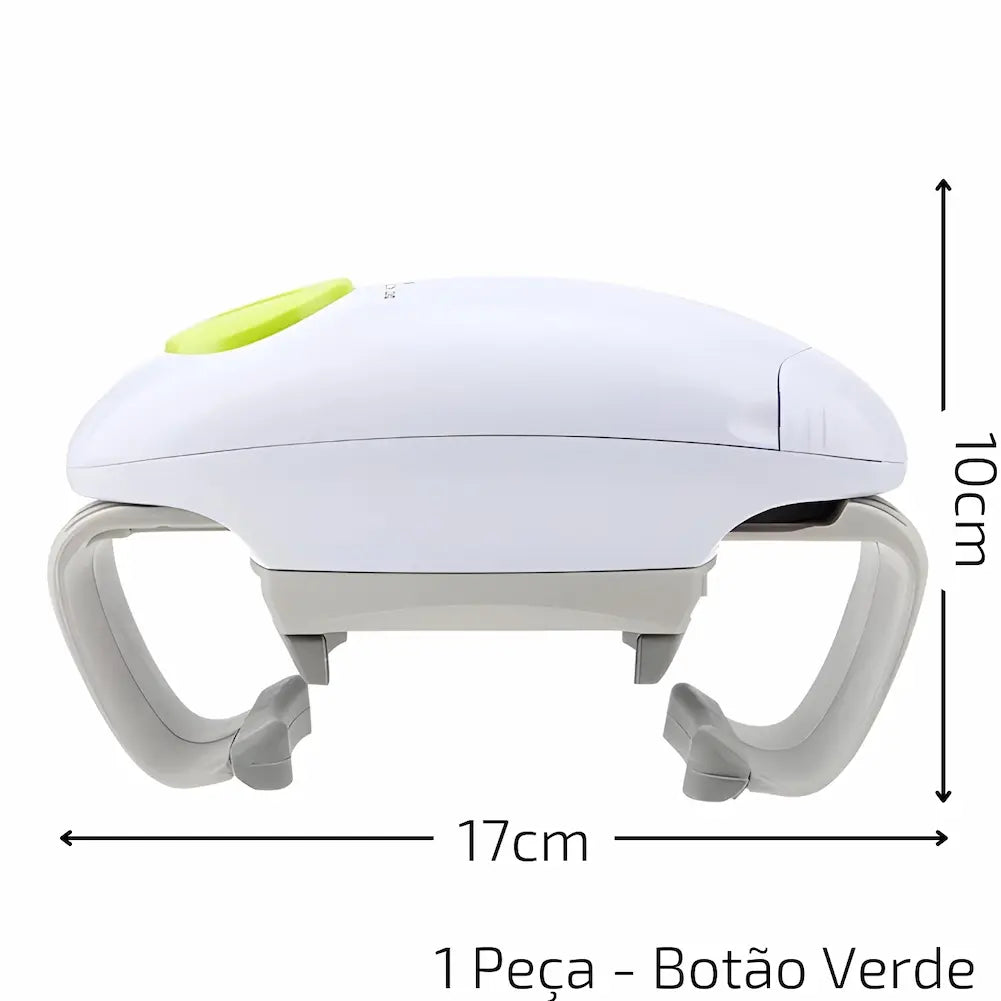 A imagem mostra um abridor de potes automático em vista lateral, com detalhes em branco e cinza e um botão verde no topo. As dimensões são destacadas: 17 cm de comprimento e 10 cm de altura. Na parte inferior direita, há o texto "1 Peça - Botão Verde".
