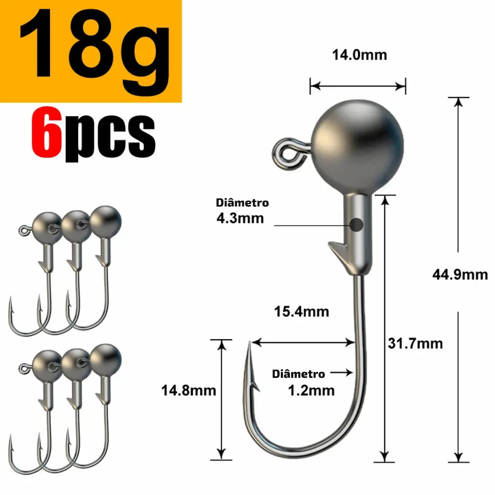 Nesta imagem, temos anzóis de 18 gramas, com uma esfera de 4.3mm e gancho de 1.2mm. O comprimento total é de 44.9mm. Uma excelente opção de compra para pescas mais pesadas, garantindo durabilidade e resistência.