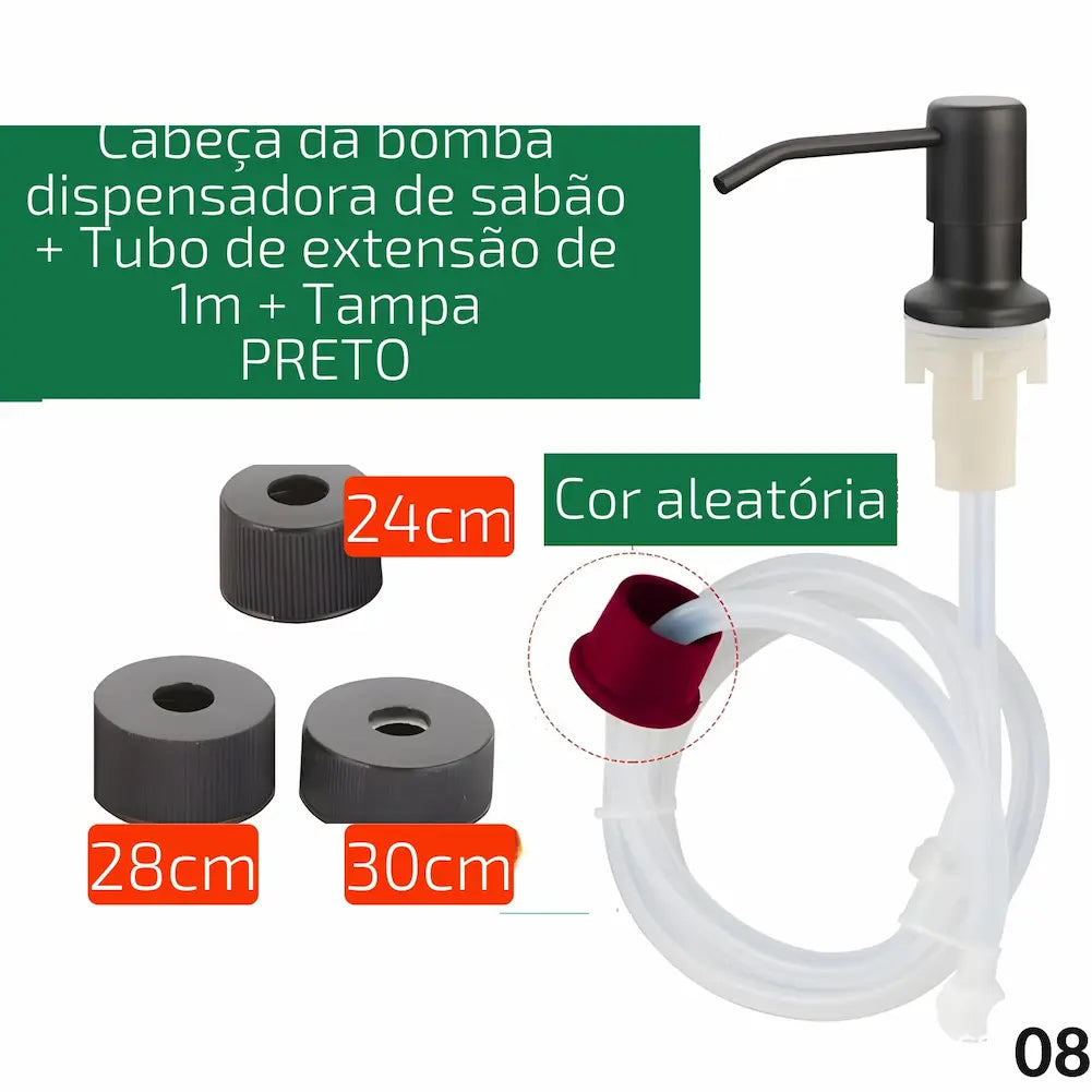 Opção de compra - Código 08: Imagem mostrando cabeça da bomba dispensadora de sabão preta, tubo de extensão de 1m e tampa. Inclui peças adicionais de diferentes tamanhos e uma montagem completa. Ideal para ajustes personalizados.