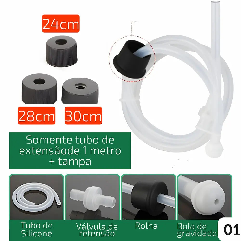 Opção de compra - Código 01: Imagem destacando tubo de extensão de 1m e tampa para dispensador de sabão. Inclui tubo de silicone, válvula de retenção, rolha e bola de gravidade. Perfeito para substituições ou atualizações.