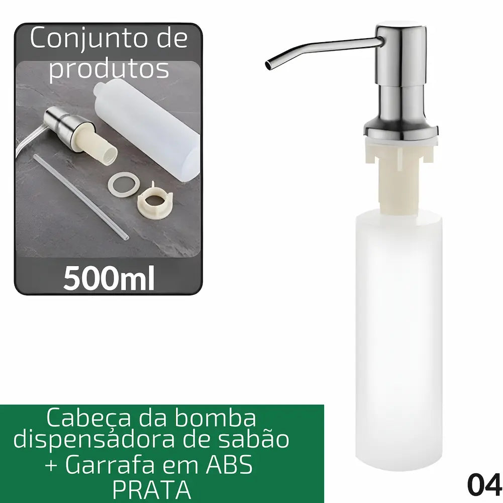 Opção de compra - Código 04: Imagem com conjunto de produtos incluindo cabeça da bomba dispensadora de sabão prateada e garrafa em ABS de 500 ml. Mostra todas as peças desmontadas e a montagem final do produto. Excelente para grandes volumes de sabão.
