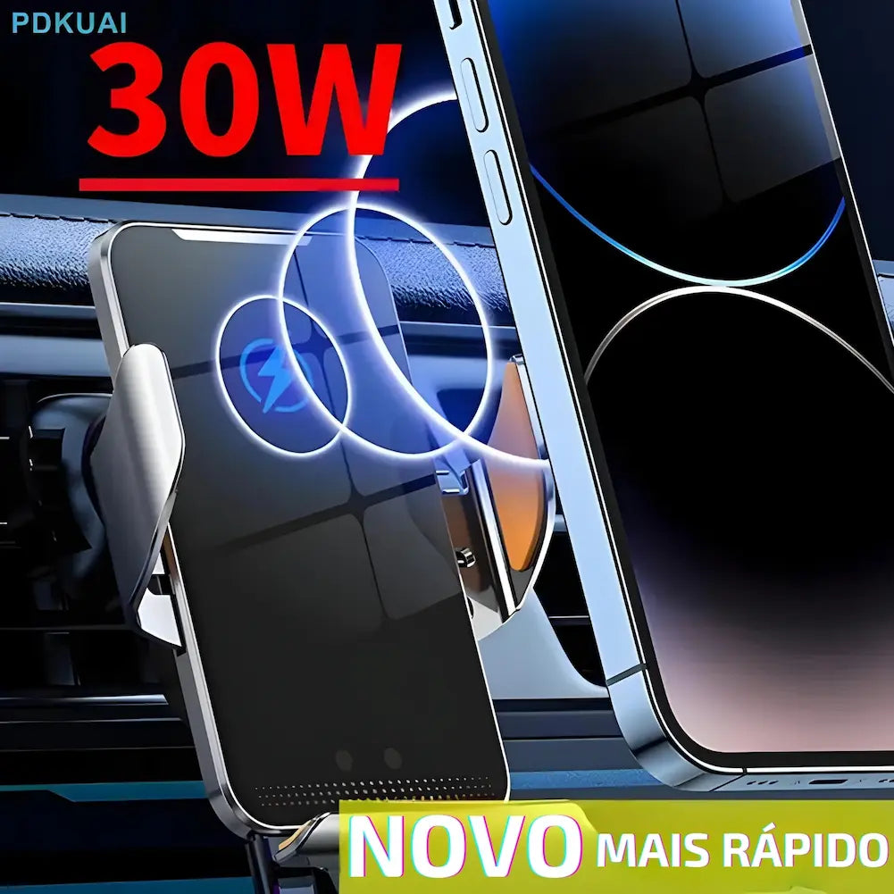  Imagem de fundo escuro com texto vermelho no topo: "30W" e texto branco no canto inferior direito: "NOVO mais rápido". Mostra um celular sendo colocado em um suporte de carregamento sem fio no carro. Círculos azuis indicam a conexão de carregamento.