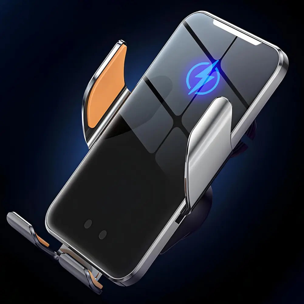 Imagem de fundo escuro mostrando um celular encaixado em um suporte de carregamento sem fio. O celular exibe um ícone de carregamento azul na tela. O suporte possui acolchoamento laranja nas laterais e na base para segurar o celular firmemente.