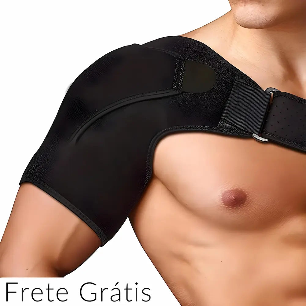 A imagem mostra um homem sem camisa usando um suporte ortopédico preto no ombro direito. O suporte cobre todo o ombro e parte do braço, com uma faixa ajustável que passa pelo peito. No canto inferior esquerdo da imagem, está escrito "Frete Grátis". A imagem destaca o ajuste firme e o suporte do produto.