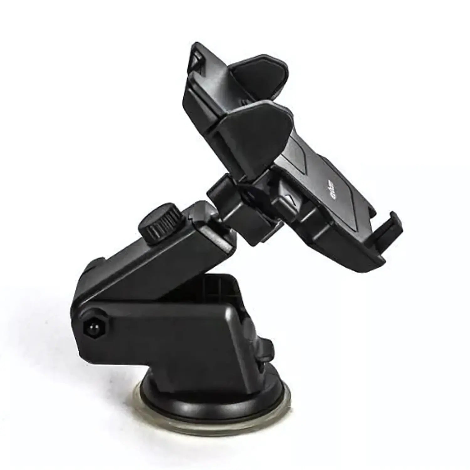 A imagem mostra um suporte de celular automotivo com ventosa. O suporte é ajustável, permitindo que o celular seja posicionado em diferentes ângulos para uma visualização confortável. A base tem uma ventosa que assegura a fixação no painel do carro, proporcionando estabilidade enquanto o celular está preso no suporte.