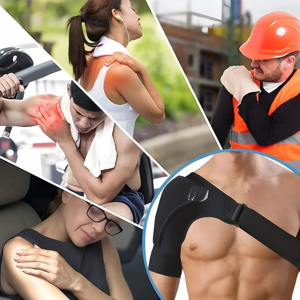  A imagem é uma colagem de várias fotos, mostrando pessoas com dor no ombro em diferentes situações: uma mulher se exercitando, um homem em um canteiro de obras, um homem na academia, uma mulher dirigindo e uma mulher em casa. No canto inferior direito, há uma imagem de um homem usando um suporte ortopédico preto no ombro.