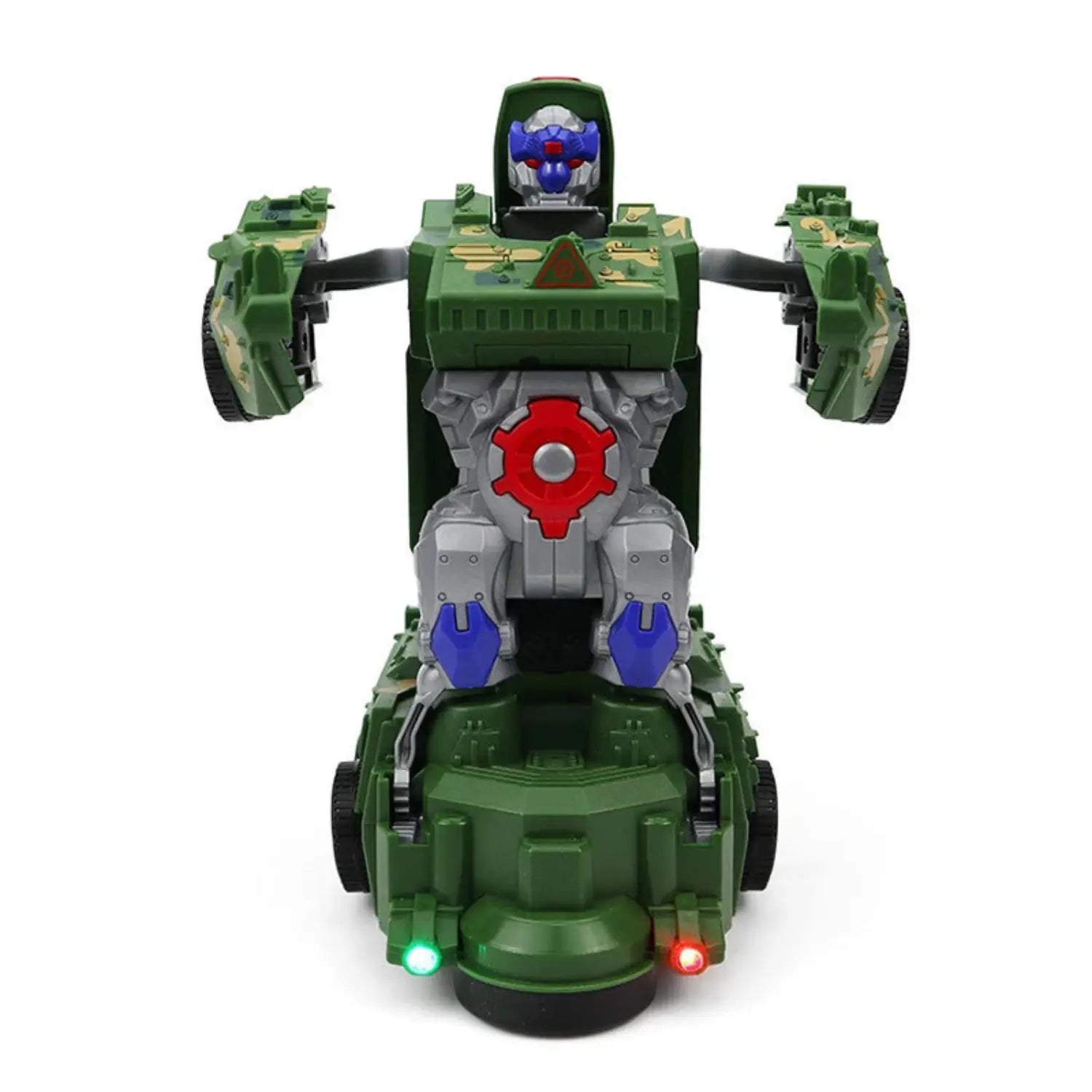 A imagem mostra o brinquedo transformado em um robô, com cores de camuflagem verde e detalhes em azul e vermelho. O robô tem um design robusto, com braços articulados e luzes vermelha e verde na base. O brinquedo pode ser transformado de um tanque para um robô, oferecendo uma experiência interativa para crianças. O dispositivo parece ser divertido e ideal para brincadeiras dinâmicas.