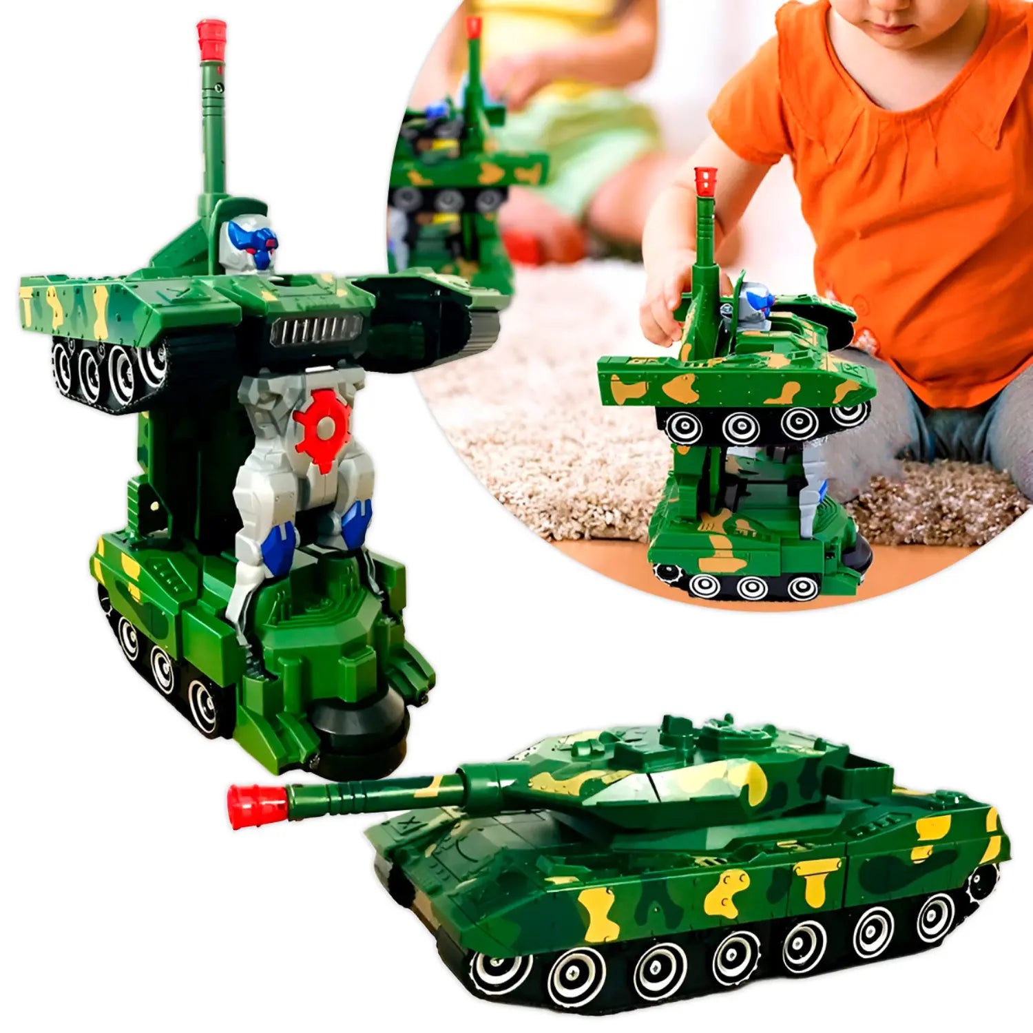 A imagem mostra um brinquedo de tanque transformável. O brinquedo é verde, com detalhes de camuflagem e possui um design mecânico. À esquerda, o tanque está em sua forma original, e à direita, ele foi transformado em um robô. A imagem também mostra uma criança brincando com o brinquedo, indicando que ele é interativo e ideal para o entretenimento infantil.