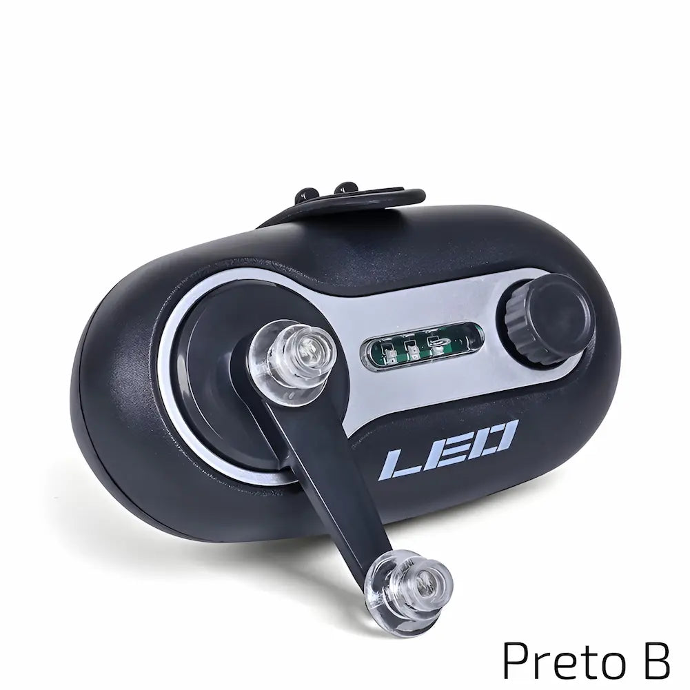 A imagem mostra o mesmo dispositivo de antes, mas agora com a alavanca visível na posição "Modo B". Ele mantém o design compacto e moderno, com a palavra "LED" destacada na parte frontal e a tela de controle. A alavanca parece ser parte do mecanismo de ajuste ou controle do dispositivo.