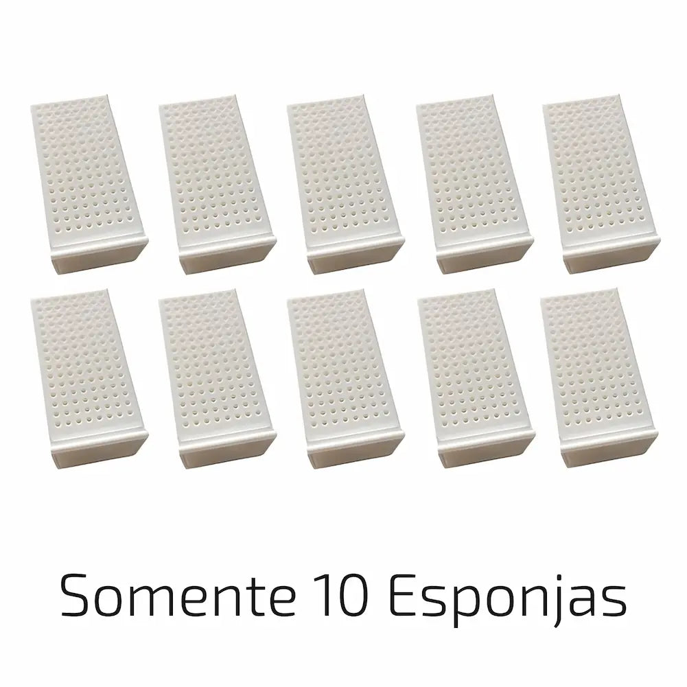 Imagem de dez esponjas brancas retangulares com pequenos furos, alinhadas em duas fileiras. Estas esponjas são usadas como filtros para o bebedouro de pets. Esta opção de compra "Somente 10 Esponjas" é para reposição de filtros.