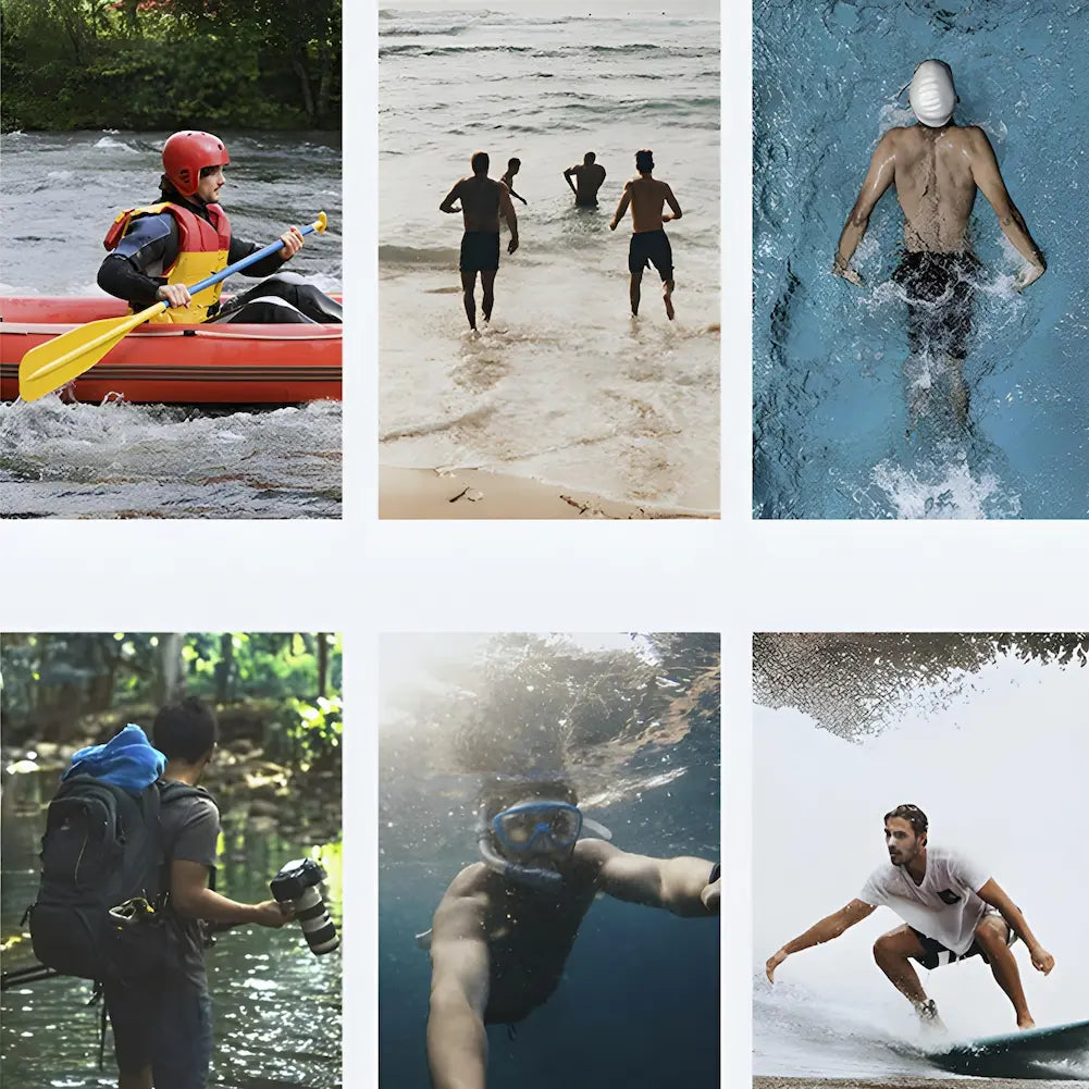 A imagem apresenta uma montagem de várias atividades ao ar livre e esportes aquáticos. No topo, há uma pessoa em um caiaque com colete salva-vidas e remo, seguida por um grupo de pessoas correndo à beira-mar e um nadador em piscina. Na parte inferior, vemos um homem caminhando com mochila e câmera, seguido por um mergulhador com máscara e snorkel e, por fim, um surfista pegando uma onda. Essas atividades ilustram a versatilidade e a conexão com ambientes aquáticos e naturais, sugerindo um produto ou equipa