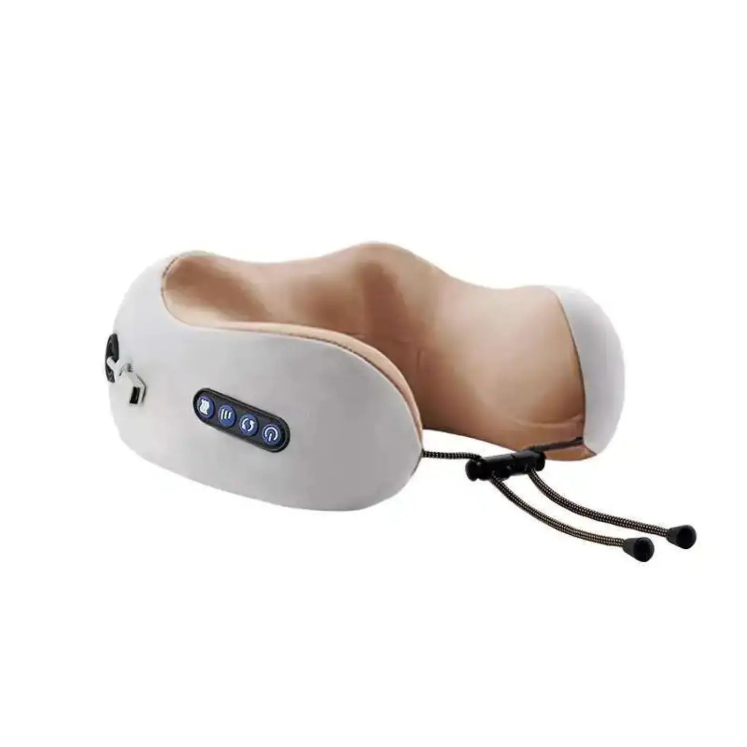 A imagem mostra um travesseiro de massagem para o pescoço, em cores branco e bege, com um design ergonômico. Ele possui botões de controle na lateral para ajustar os modos e a intensidade da massagem, além de cordões ajustáveis para garantir um encaixe confortável. Esse dispositivo é ideal para aliviar tensões no pescoço durante viagens ou momentos de descanso.