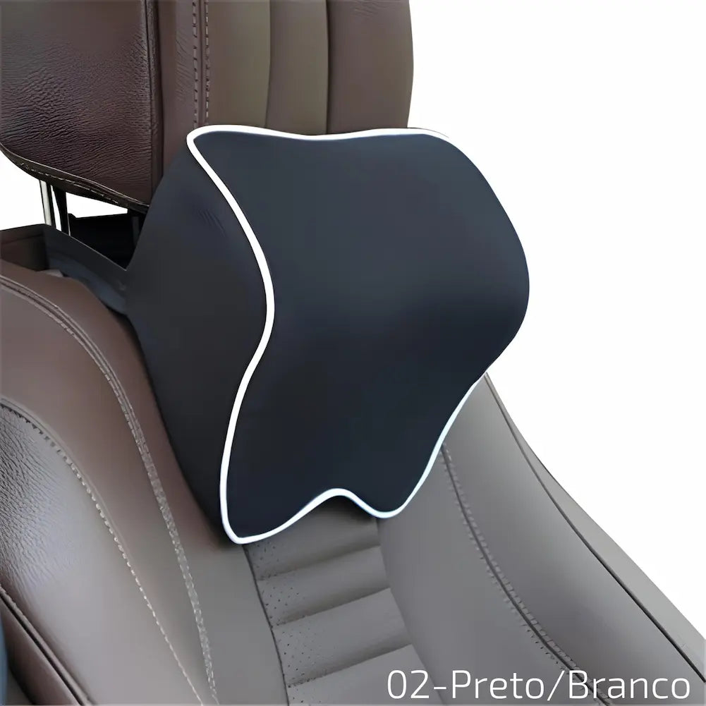 Imagem 02 - Preto/Branco: Almofada de apoio para cabeça preta com bordas brancas. Projetada para ser fixada no encosto do banco do carro, oferece suporte ergonômico e um toque de elegância. Esta opção de compra é representada pelo código 02, ideal para quem busca conforto e sofisticação.