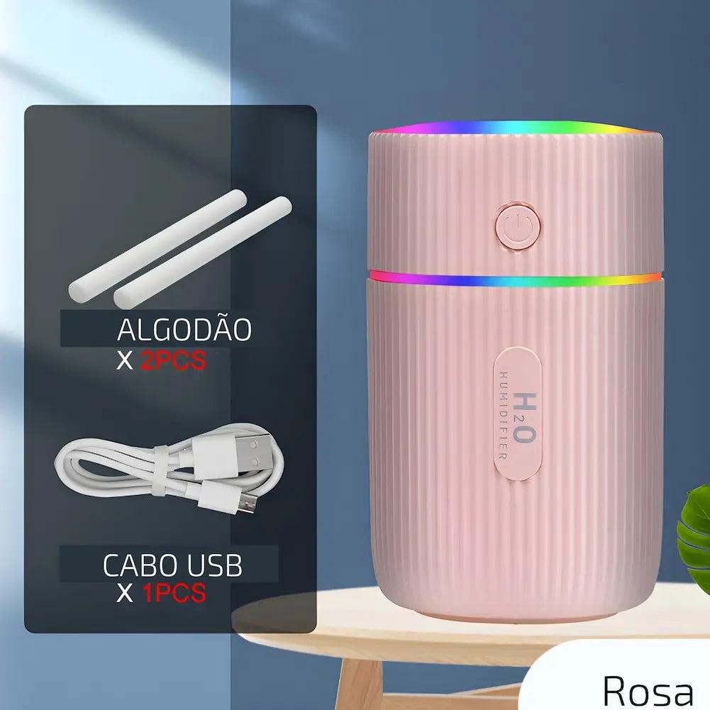 Imagem mostrando um umidificador de ar portátil rosa com textura ondulada, emitindo luzes coloridas no topo. Ao lado, há uma representação dos acessórios incluídos: duas peças de algodão cilíndricas e um cabo USB branco. Abaixo dos acessórios, há textos indicando "ALGODÃO X 2PCS" e "CABO USB X 1PCS". Na parte inferior da imagem, lê-se "Rosa".