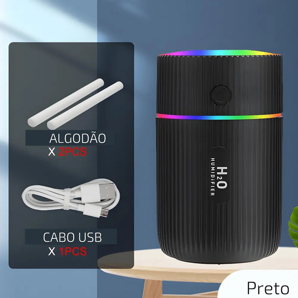 Imagem mostrando um umidificador de ar portátil preto com textura ondulada, emitindo luzes coloridas no topo. Ao lado, há uma representação dos acessórios incluídos: duas peças de algodão cilíndricas e um cabo USB branco. Abaixo dos acessórios, há textos indicando "ALGODÃO X 2PCS" e "CABO USB X 1PCS". Na parte inferior da imagem, lê-se "Preto".