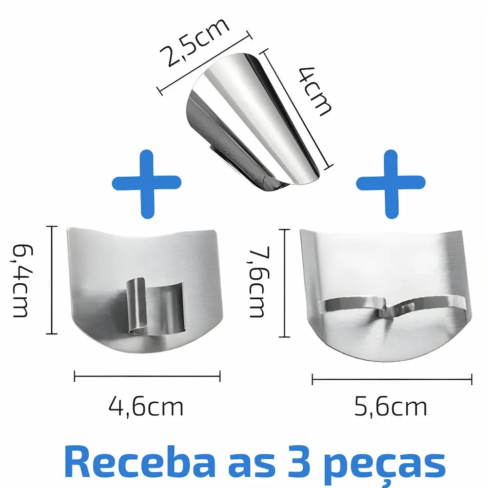 A imagem mostra três peças metálicas com dimensões indicadas. A peça cônica mede 2,5 cm de diâmetro na base e 4 cm de altura. A lâmina do meio mede 4,6 cm de largura e 6,4 cm de altura. A lâmina à direita mede 5,6 cm de largura e 7,6 cm de altura. Há símbolos de mais em azul entre as peças e a frase "Receba as 3 peças" na parte inferior.